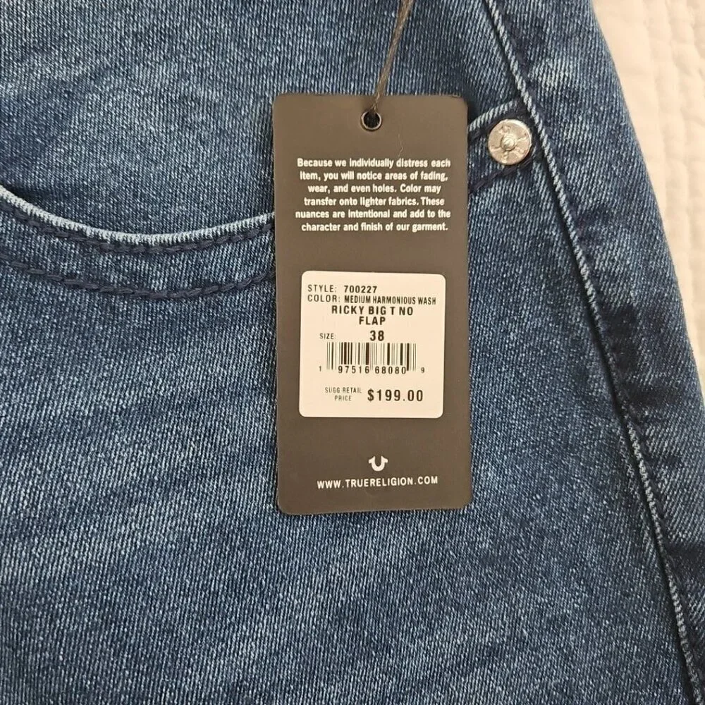 True Religion Ricky Jeans Men's 38 x 34 Relaxed Straight Blue Denim NWT NEW‎